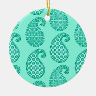 Paisley pattern, aqua and turquoise ceramic ornament