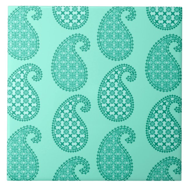 Paisley pattern, aqua and turquoise ceramic tile (Front)