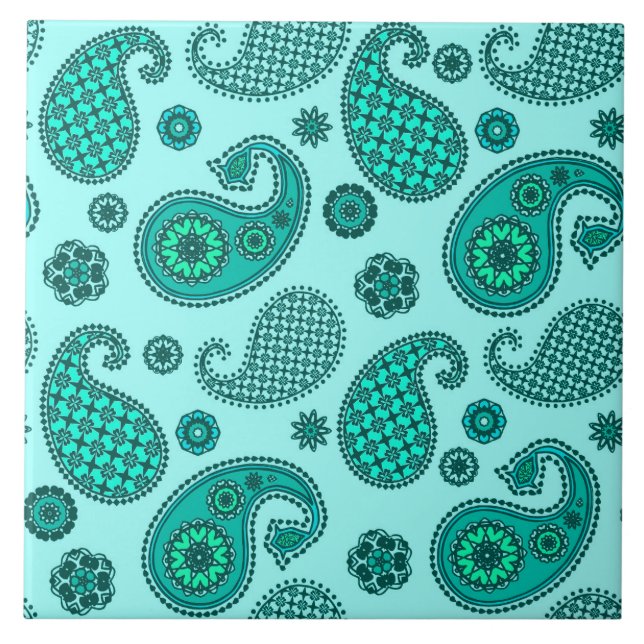 Paisley Pattern, Aqua and Turquoise Ceramic Tile (Front)