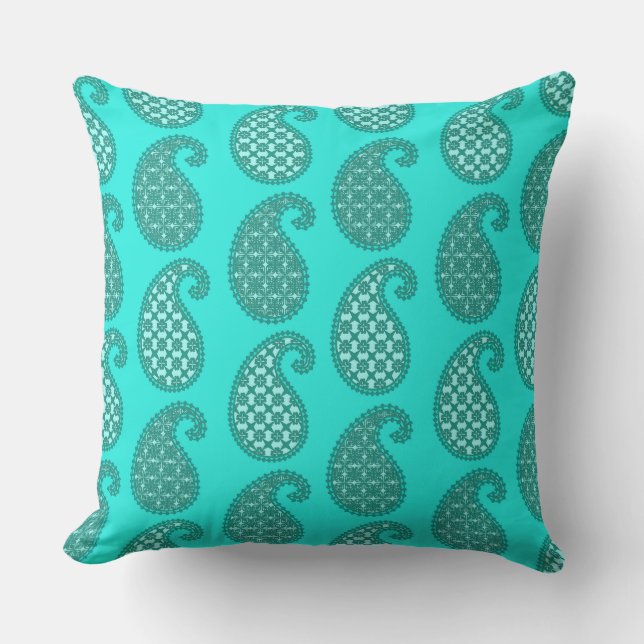 Paisley pattern, aqua and turquoise outdoor cushion (Front)