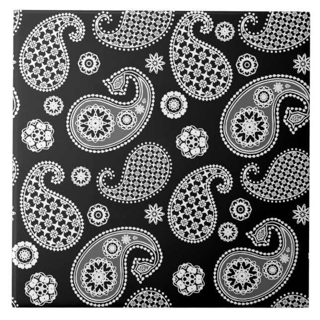 Paisley Pattern, Black and White Ceramic Tile (Front)