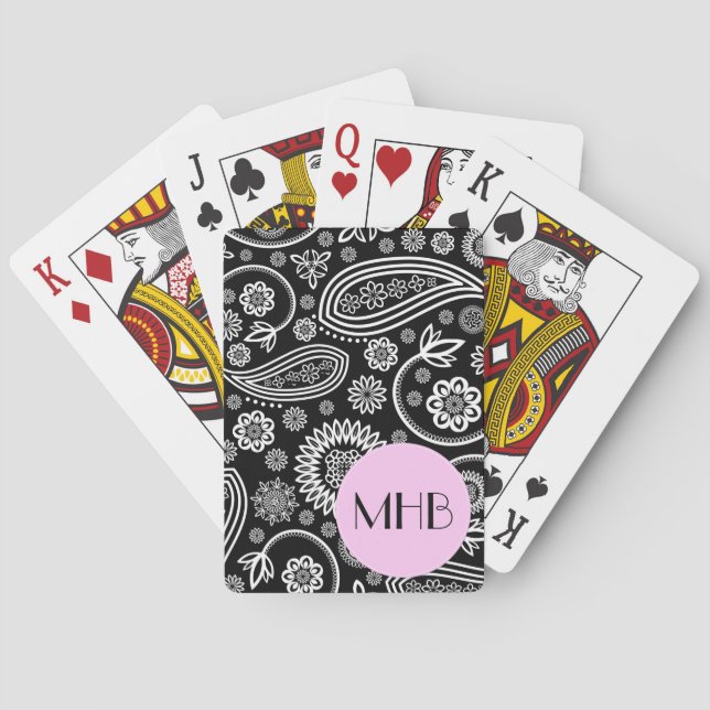 Paisley Pattern, Black and White, Monogram Playing Cards (Back)