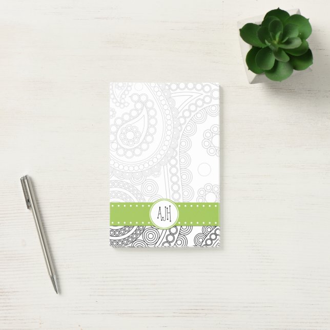 Paisley Pattern, Black and White, Monogram Post-it Notes (Office)