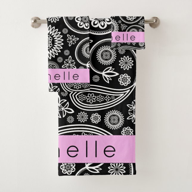 Paisley Pattern, Black and White, Your Name Bath Towel Set (Insitu)