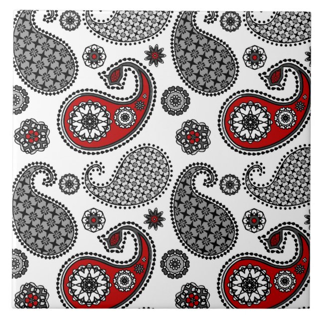 Paisley pattern, Black, White and Red Ceramic Tile (Front)