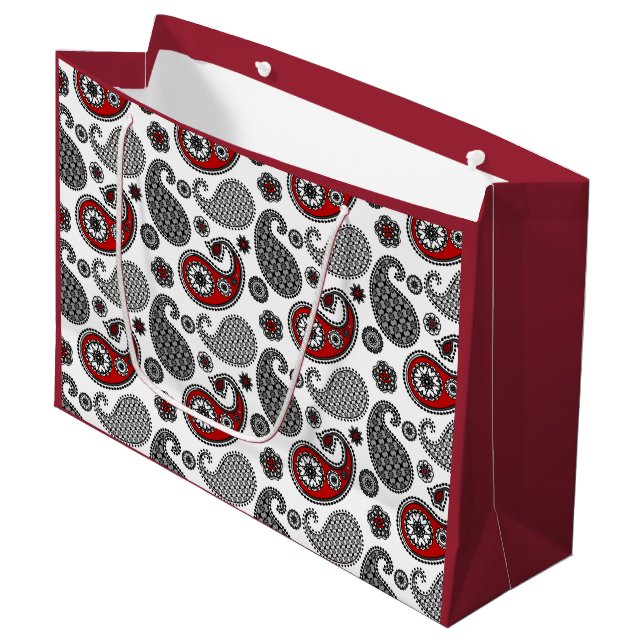 Paisley pattern, Black, White and Red Large Gift Bag (Front Angled)