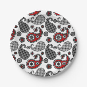 Paisley pattern, Black, White and Red Paper Plate