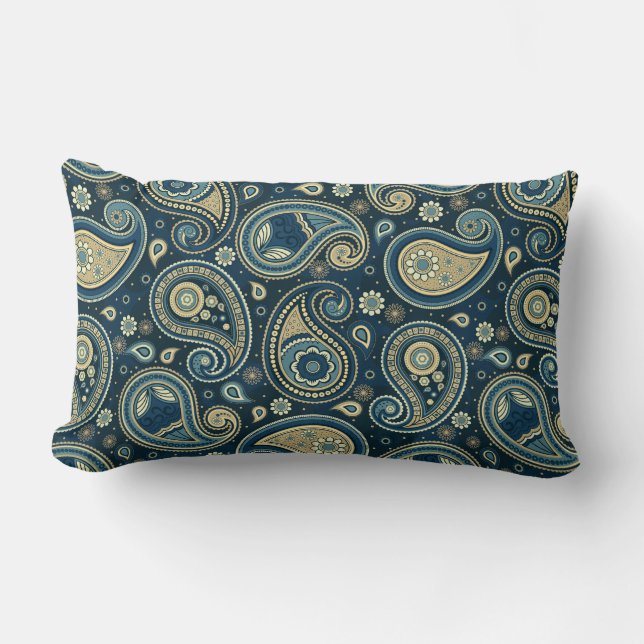 Paisley pattern blue teal gold elegant lumbar cushion (Front)