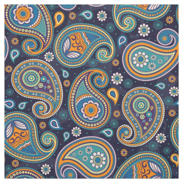 Paisley pattern blue teal orange colour fabric (Swatch)