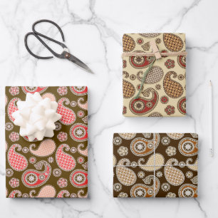 Paisley Pattern, Brown, Beige and Coral Orange  Wrapping Paper Sheet