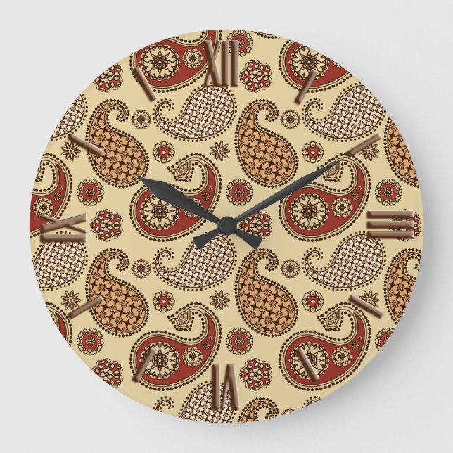 Paisley pattern, brown, tan and beige large clock (Front)