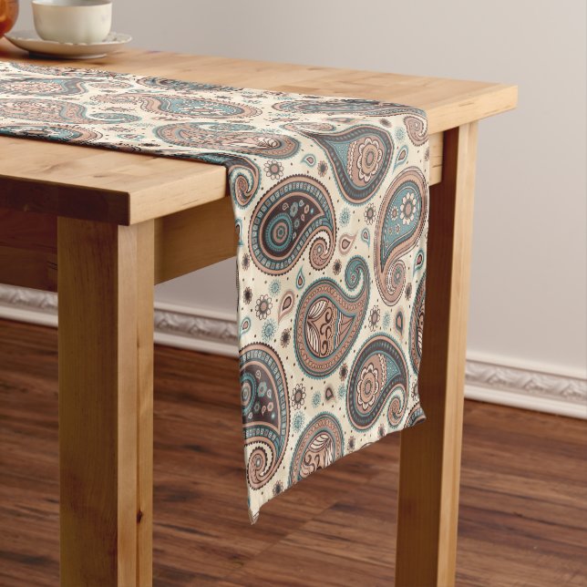 Paisley pattern brown teal beige elegant short table runner (In Situ)