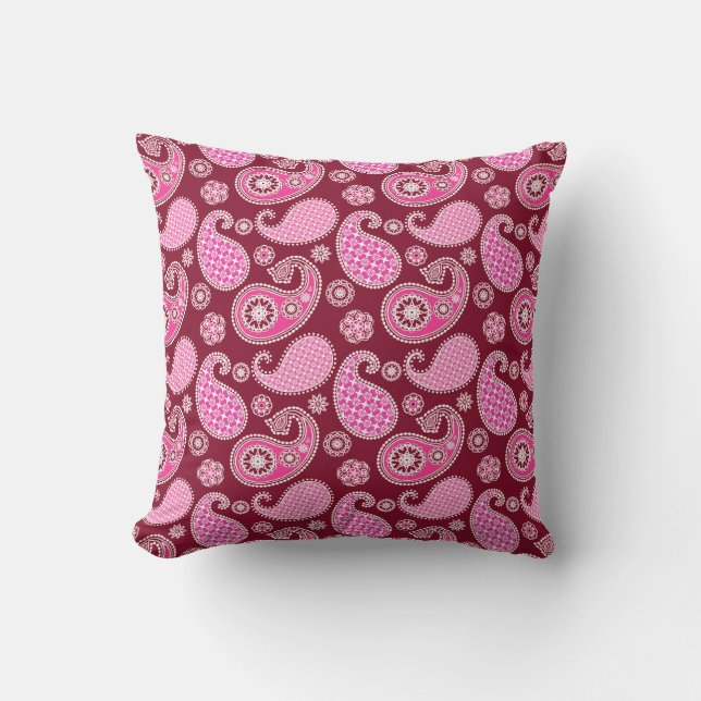 Paisley Pattern, Burgundy, Pink and White Cushion (Front)