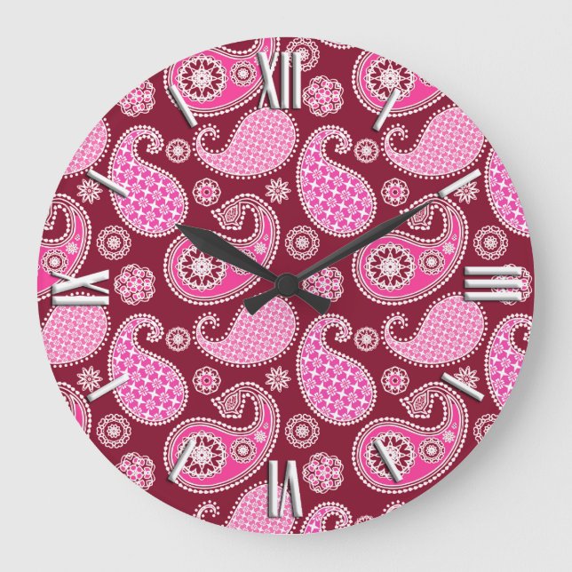 Paisley pattern, Burgundy, Pink and White Large Clock (Front)