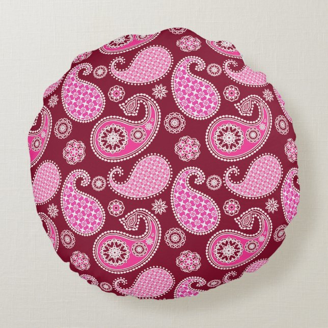 Paisley pattern, Burgundy, Pink and White Round Cushion (Back)