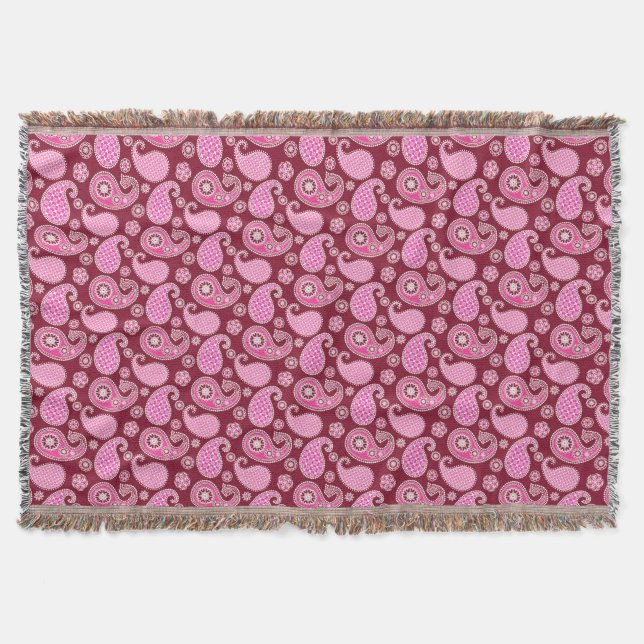 Paisley pattern, Burgundy, Pink and White Throw Blanket (Front)