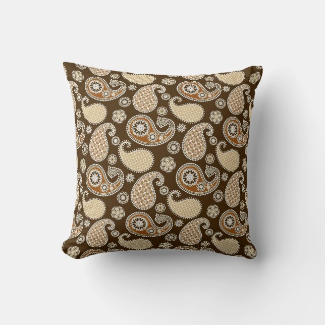 Paisley Pattern, Chocolate Brown and Tan Cushion (Front)