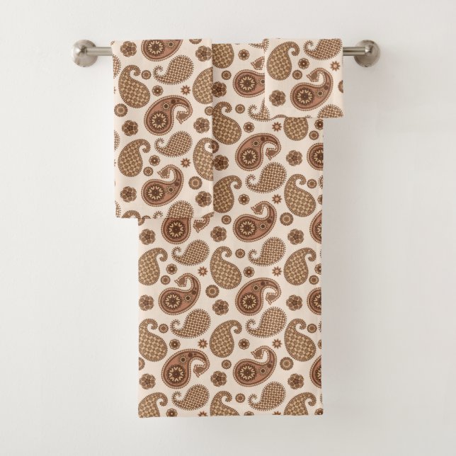 Paisley Pattern, Chocolate Brown and Tan on Beige Bath Towel Set (Insitu)