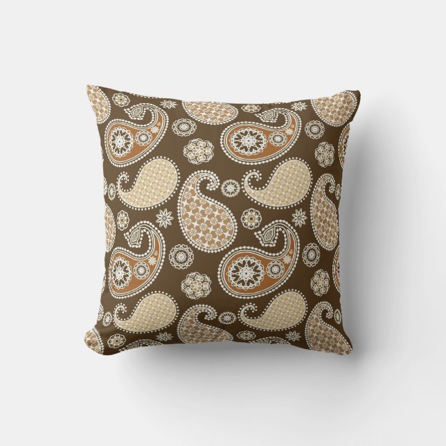 Paisley pattern, Chocolate Brown and Tan Outdoor Cushion (Front)