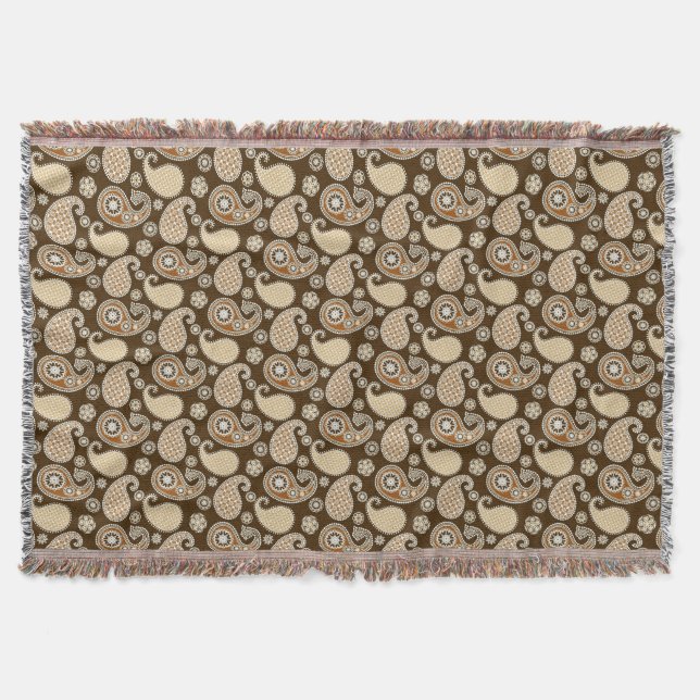 Paisley pattern, Chocolate Brown and Tan Throw Blanket (Front)