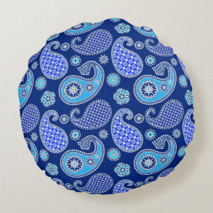 Paisley pattern, cobalt blue and white round cushion
