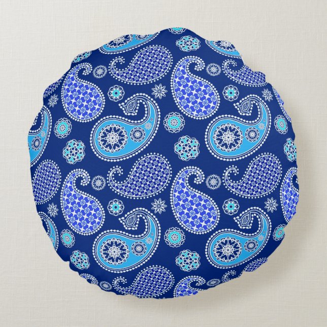 Paisley pattern, cobalt blue and white round cushion (Back)