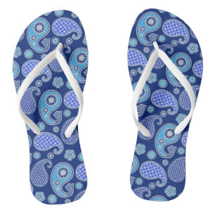 Paisley pattern, cobalt blue and white thongs