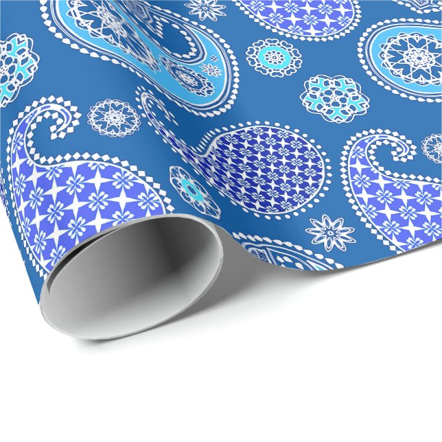 Paisley pattern, cobalt blue and white wrapping paper (Roll Corner)