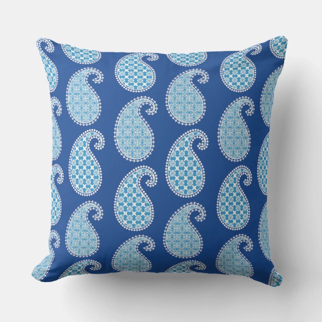 Paisley pattern, cobalt, sky blue and white outdoor cushion (Front)