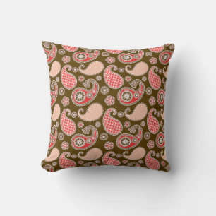 Paisley Pattern, Coral and Chocolate Brown Cushion