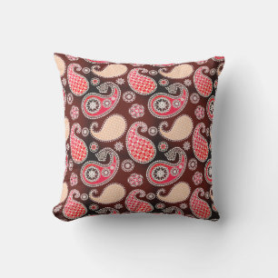 Paisley pattern, coral and chocolate brown outdoor cushion