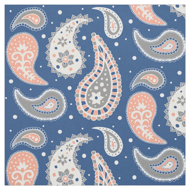 Paisley Pattern Coral Navy Blue Grey Fabric (Swatch)