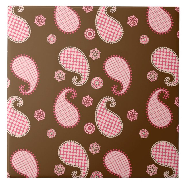 Paisley pattern, coral pink and chocolate brown tile (Front)