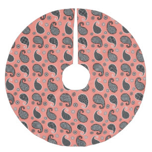 Paisley pattern, coral pink, black and white brushed polyester tree skirt