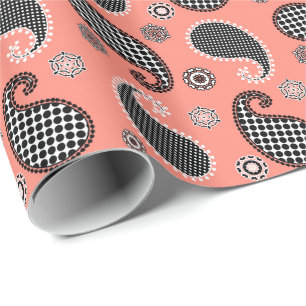 Paisley pattern, coral pink, black and white wrapping paper