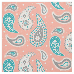 Paisley Pattern Coral Teal Grey Fabric