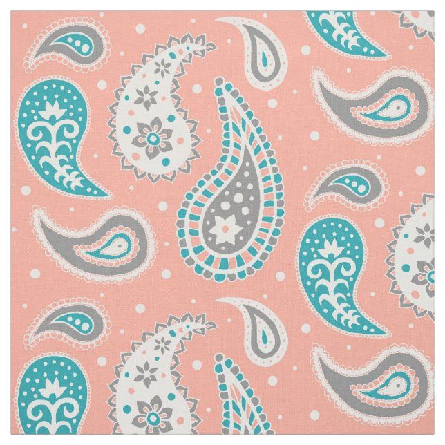 Paisley Pattern Coral Teal Grey Fabric (Swatch)