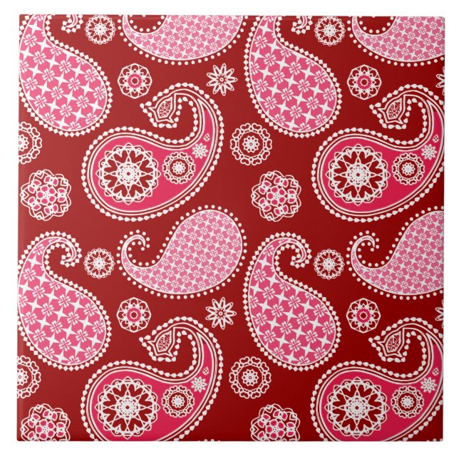 Paisley pattern, Dark Red, Pink and White Ceramic Tile (Front)
