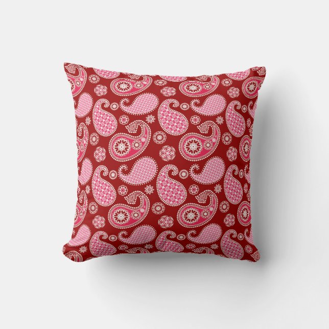 Paisley pattern, Dark Red, Pink and White Cushion (Front)