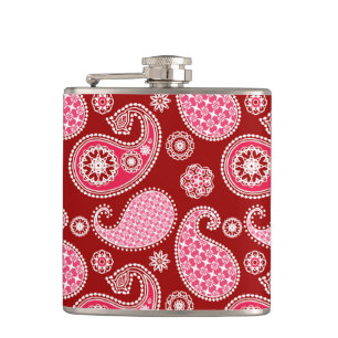 Paisley pattern, Dark Red, Pink and White Hip Flask