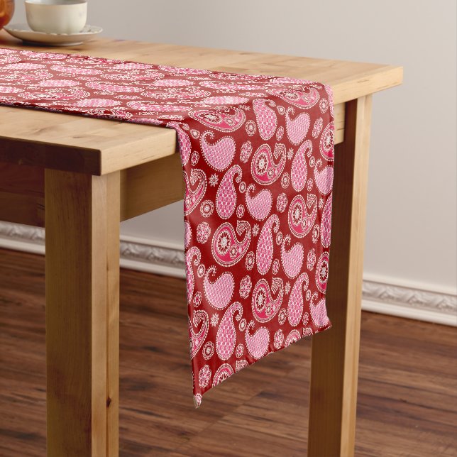 Paisley pattern, Dark Red, Pink and White Short Table Runner (In Situ)