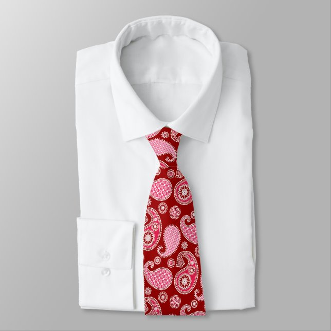 Paisley pattern, Dark Red, Pink and White Tie (Tied)