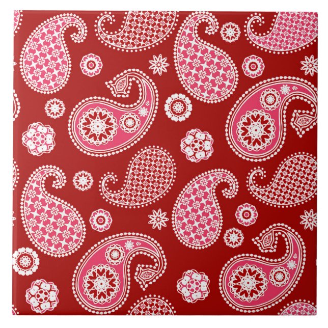 Paisley Pattern, Dark Red, White and Coral Pink Ceramic Tile (Front)