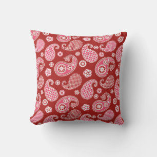 Paisley Pattern, Dark Red, White and Coral Pink Cushion