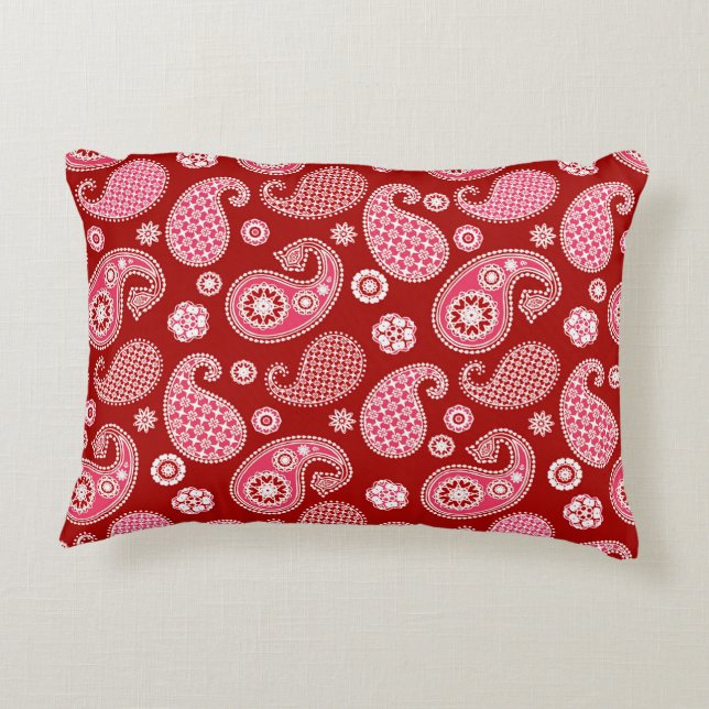 Paisley Pattern, Dark Red, White and Coral Pink Decorative Cushion (Back)
