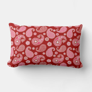 Paisley Pattern, Dark Red, White and Coral Pink Lumbar Cushion
