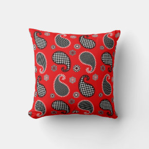 Paisley pattern, deep red, black and white cushion
