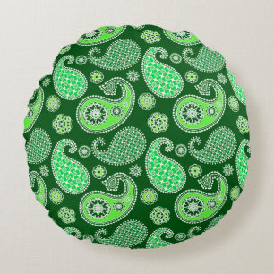 Paisley pattern, Emerald and Jade Green Round Cushion