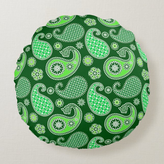 Paisley pattern, Emerald and Jade Green Round Cushion (Front)