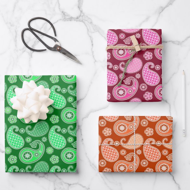 Paisley Pattern, Emerald, Burgundy & Orange  Wrapping Paper Sheet (Front)